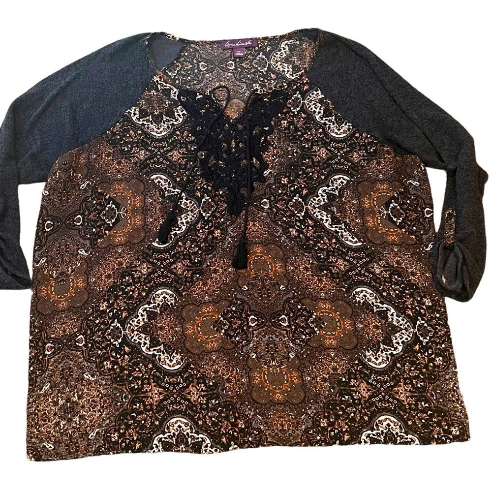 GLORIA VANDERBILT top blouse shirt boho 2X black brown gray lace